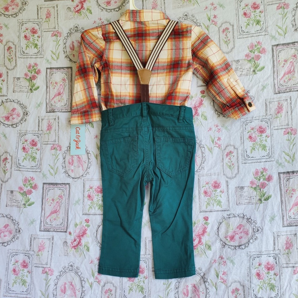Cat & Jack by Carter's Outfit Green Suspender Pants Red Shirt 12 months - Picture 6 of 6